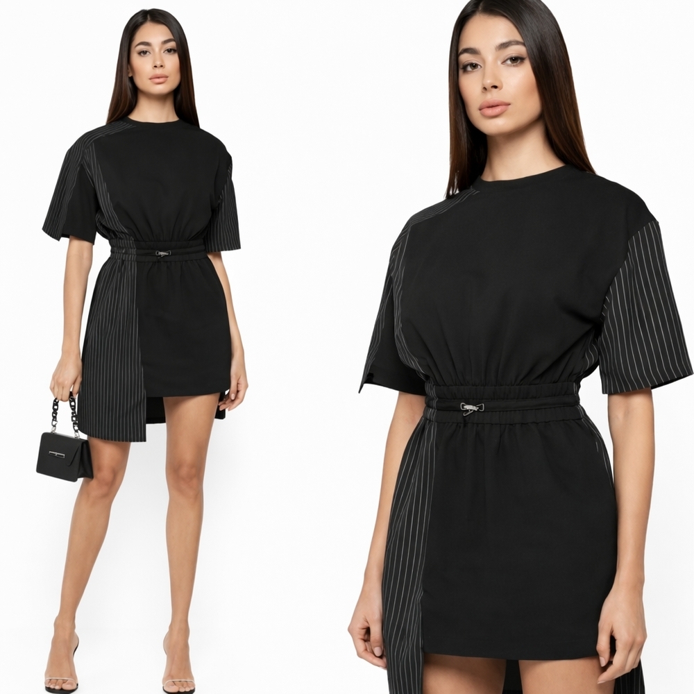 MDV Maniere De Voir Black Pinstripe-Accent Pinstripe T Shirt Dress UK 8 (US 4)